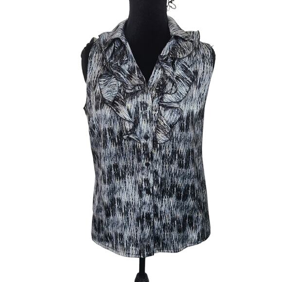 Tahari Arthur S. Women's Black Gray  Ruffled Sleeveless Button Down Top Causal S - Picture 1 of 13